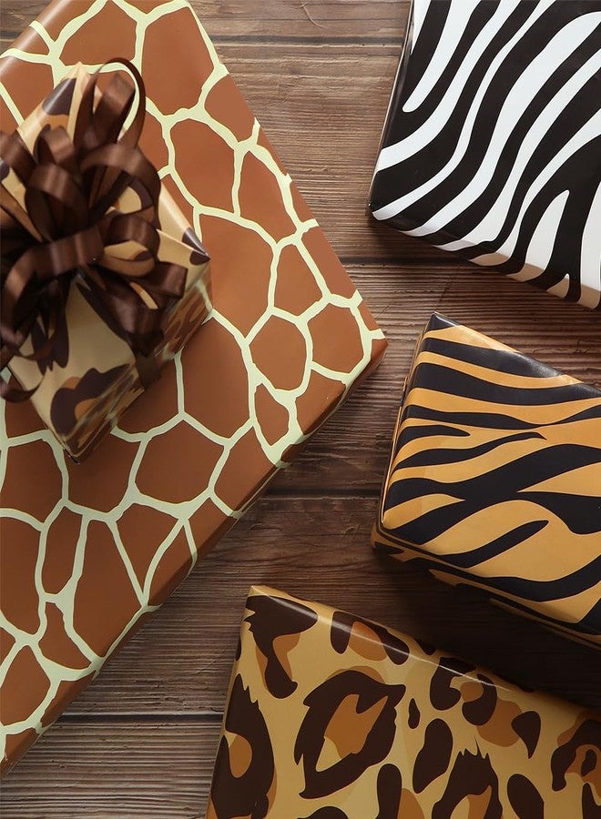 Boerni Safari Jungle Animal Fur Paw Skin Print Wrapping Paper Paper 4 Foled Flat Sheets in 4 Designs 15 sq. ft. ttl. With 22m Silk Ribbon, Giraffe Tiger Zebra Leopard Gift Wrap For Wild One 1st Birthday Wedding Valentine Party - Image 4